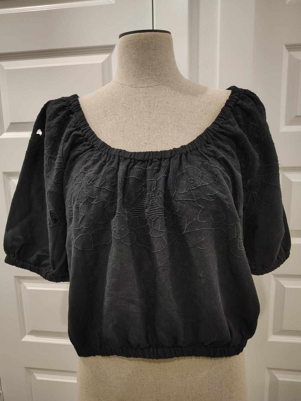 Universal Thread Black Embroidered Puff-Sleeve Crop Top